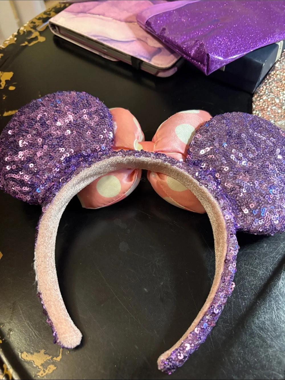 Kids Sequin Minnie Ear Headband with Pink Polka Dot Bow